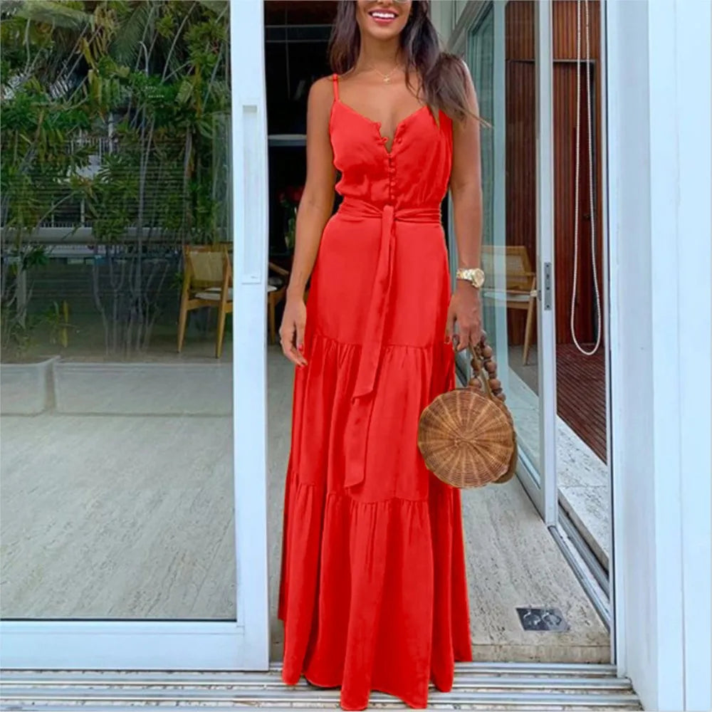 Women's Boho Spaghetti Strap Maxi Dress with Belt - Image 7