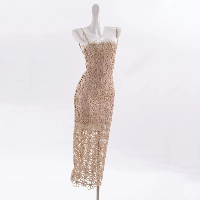 Stylish Hollow Out French Lace Halter Dress for Parties - Image 2