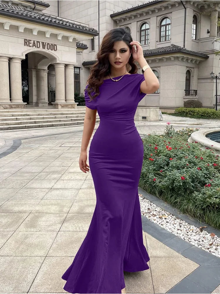 Elegant Pleated Oblique Shoulder Maxi Dress for Women - Image 8