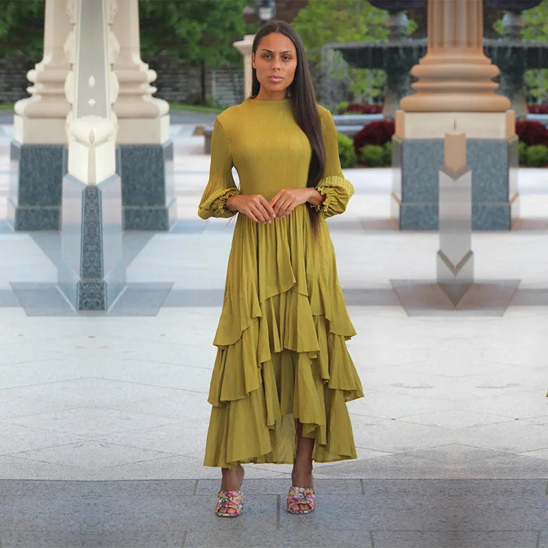 Elegant Lantern Sleeve Dress with Lotus Edge Skirt - Image 16