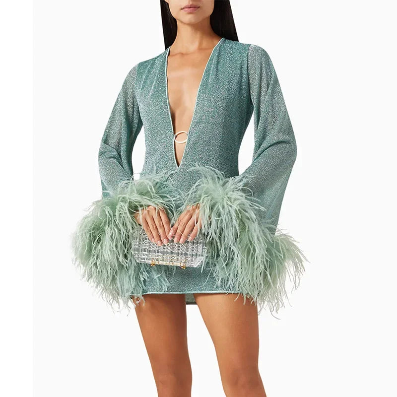 Chic Backless Mini Dress with Sequin and Feather Details - Image 24