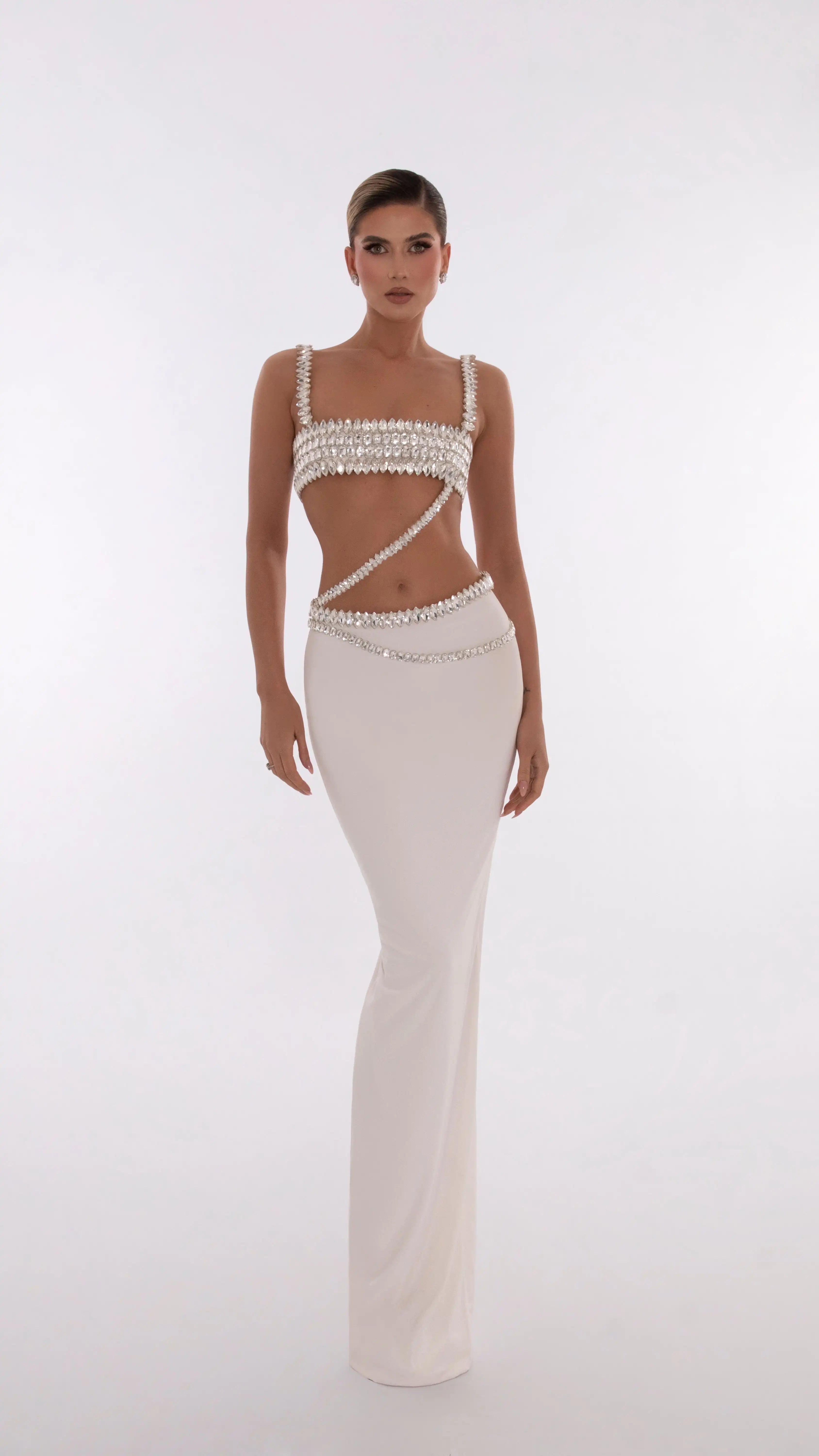 Elegant White Bodycon Dress with Crystal Detail for Parties - Image 3