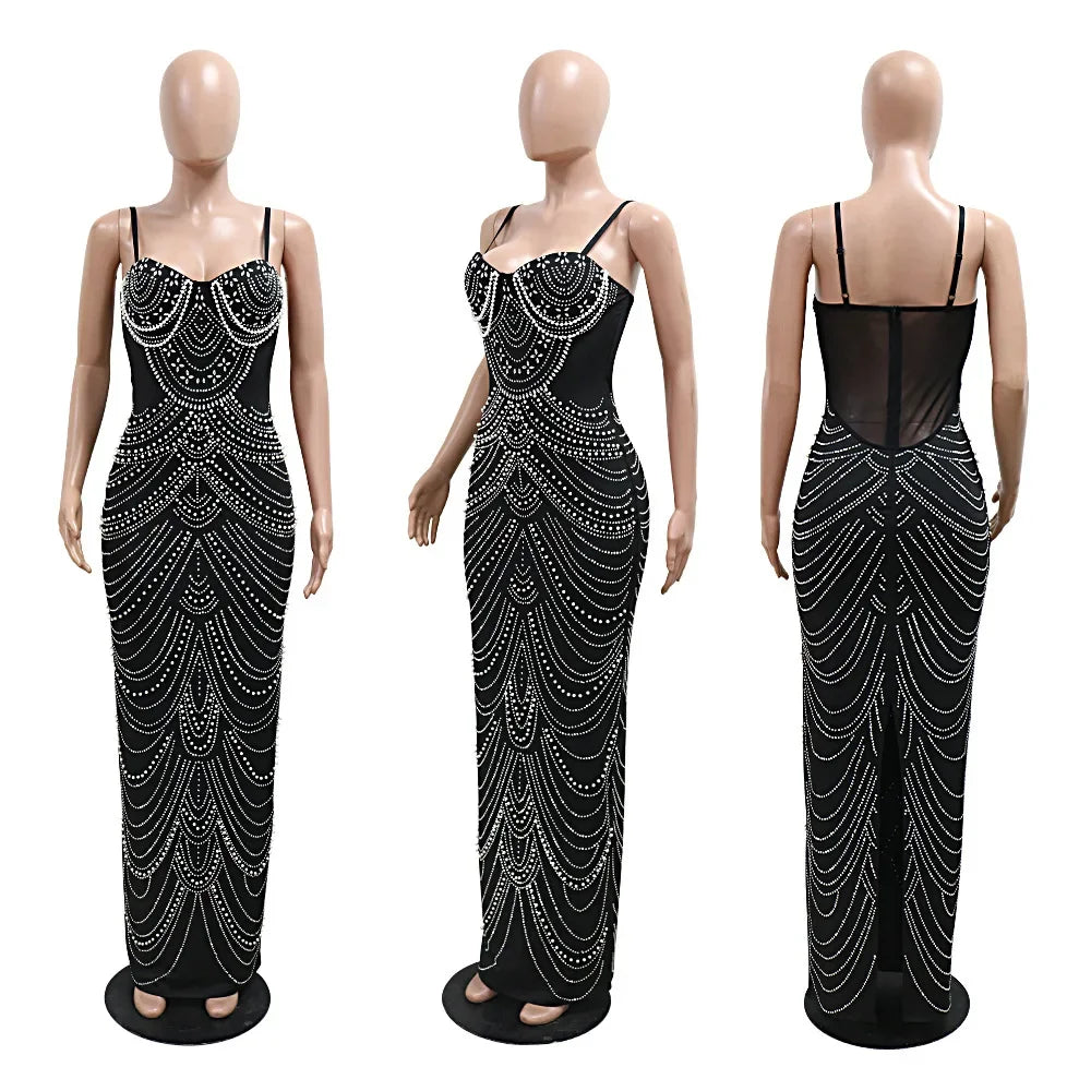 Sexy Strapless Maxi Dress with Rhinestones and Pearls - Image 3