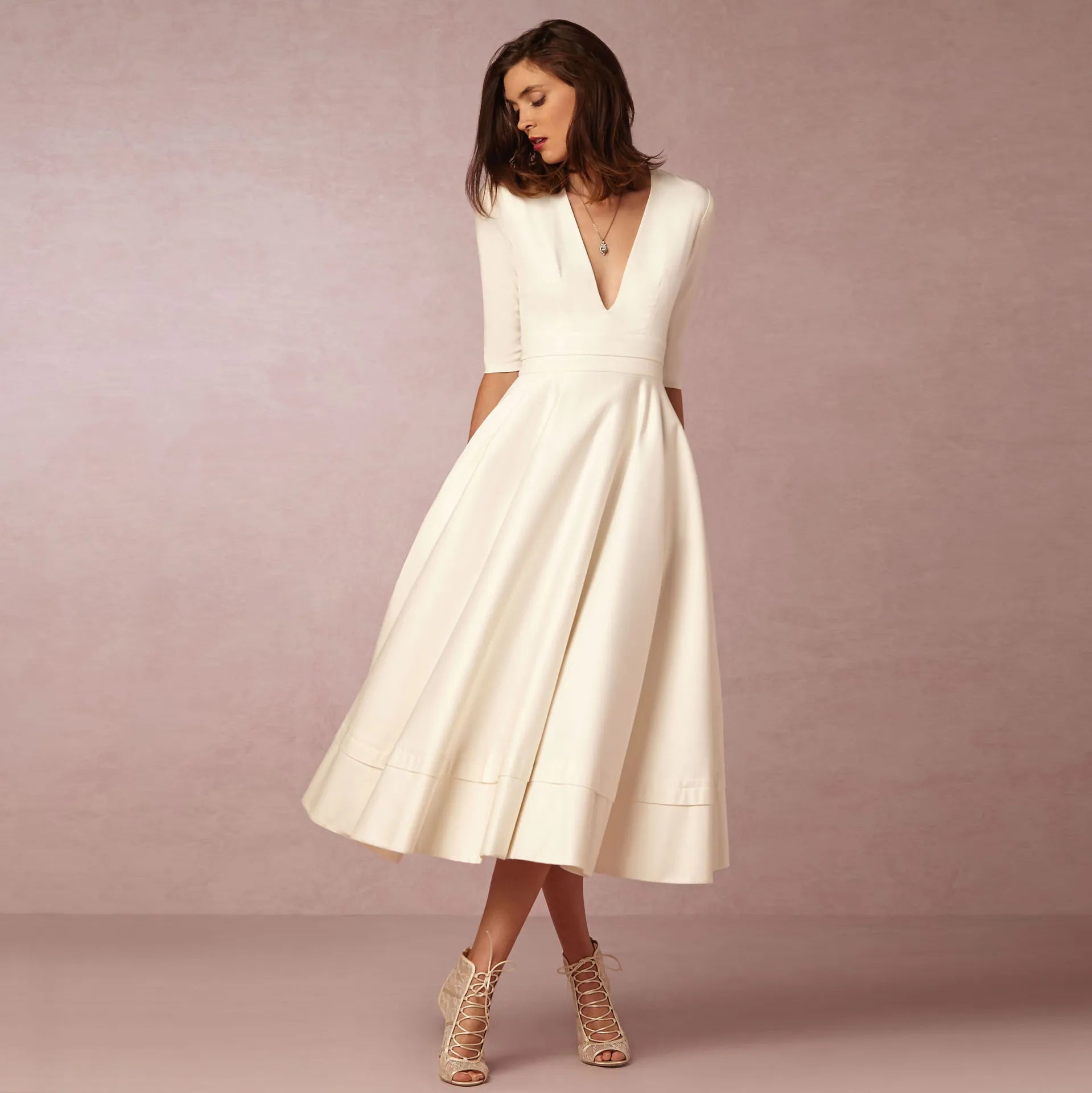 Elegant Solid Color A-line Evening Dress with Deep V-neck - Image 37
