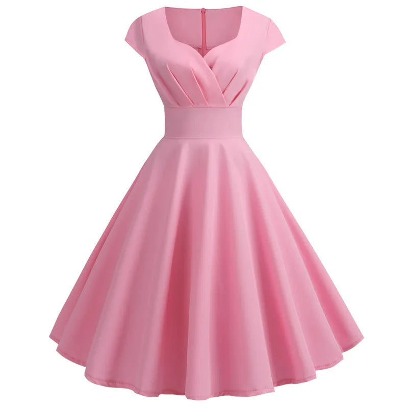 Elegant Pink V-Neck Midi Swing Dress for Women