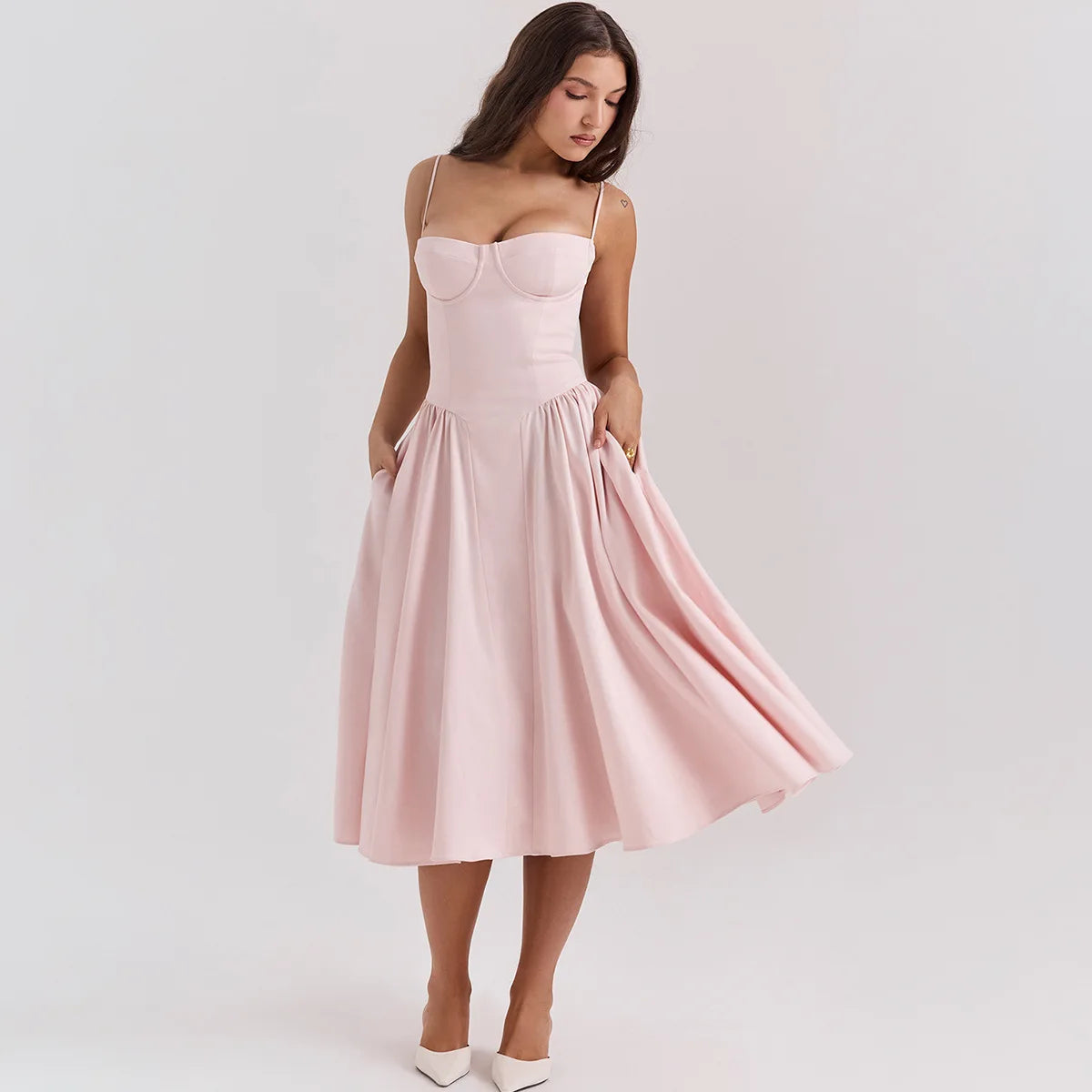 Elegant Sleeveless Midi Dress with Frill Hem & Corset - Image 67