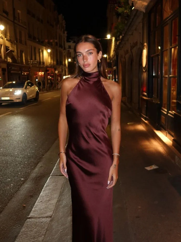 Elegant Brown Halter Lace-Up Backless Bodycon Dress - Image 4