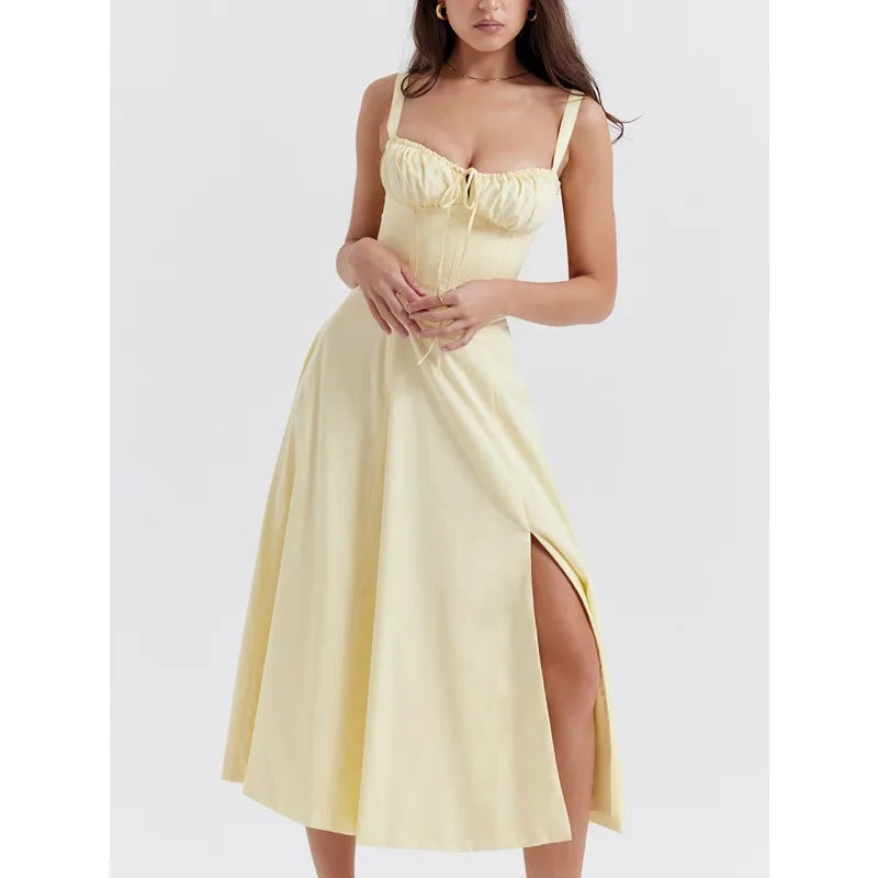 Elegant Summer Sling Dress with Pleated Hem and Slit - Image 32