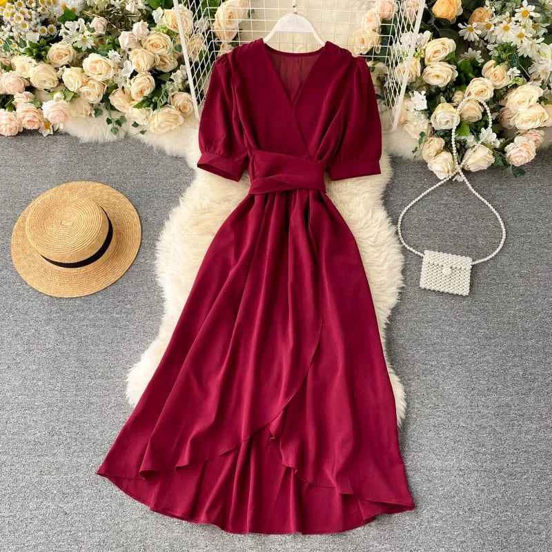 V-neck Solid Color Bubble Dress with Ruffle Edges - Image 20
