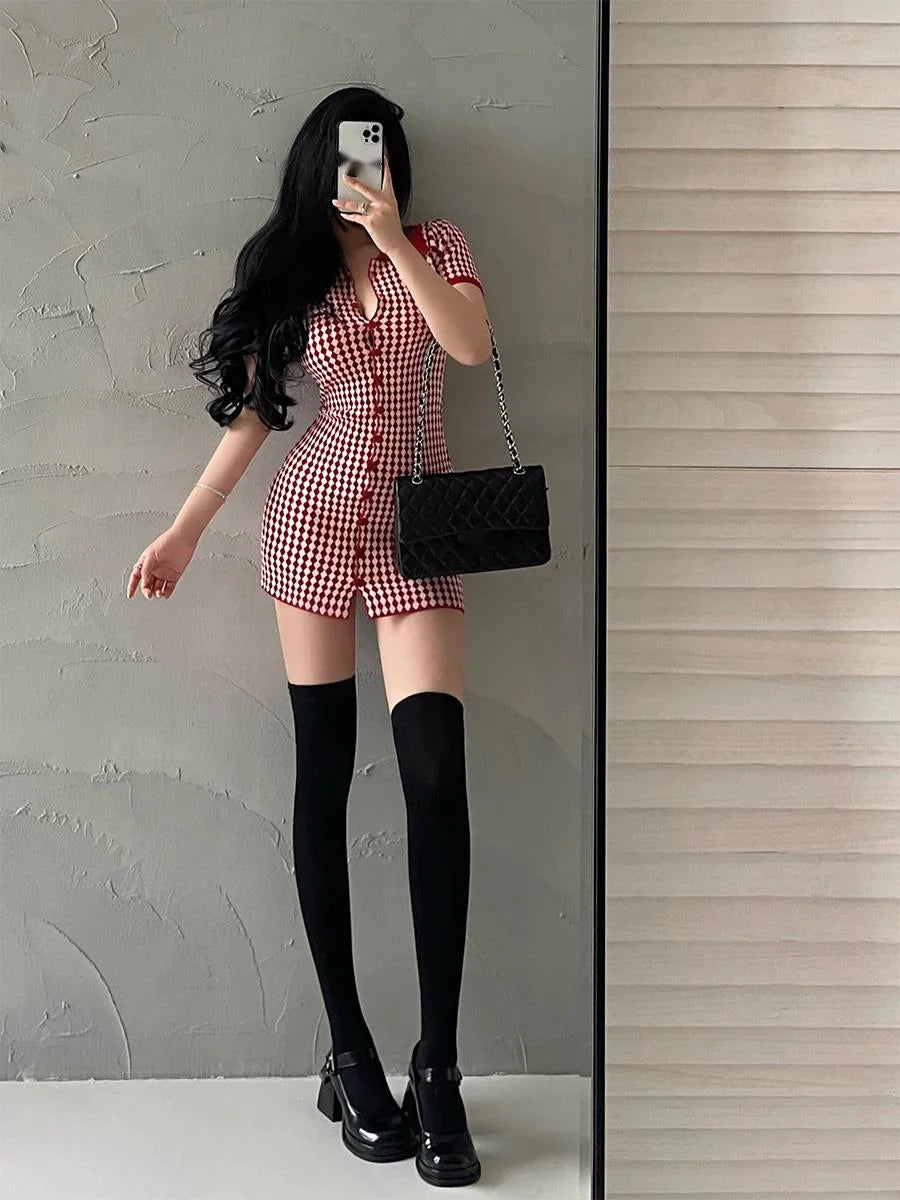 Elegant Slim Fit Checkered Short Sleeve Mini Dress - Image 5