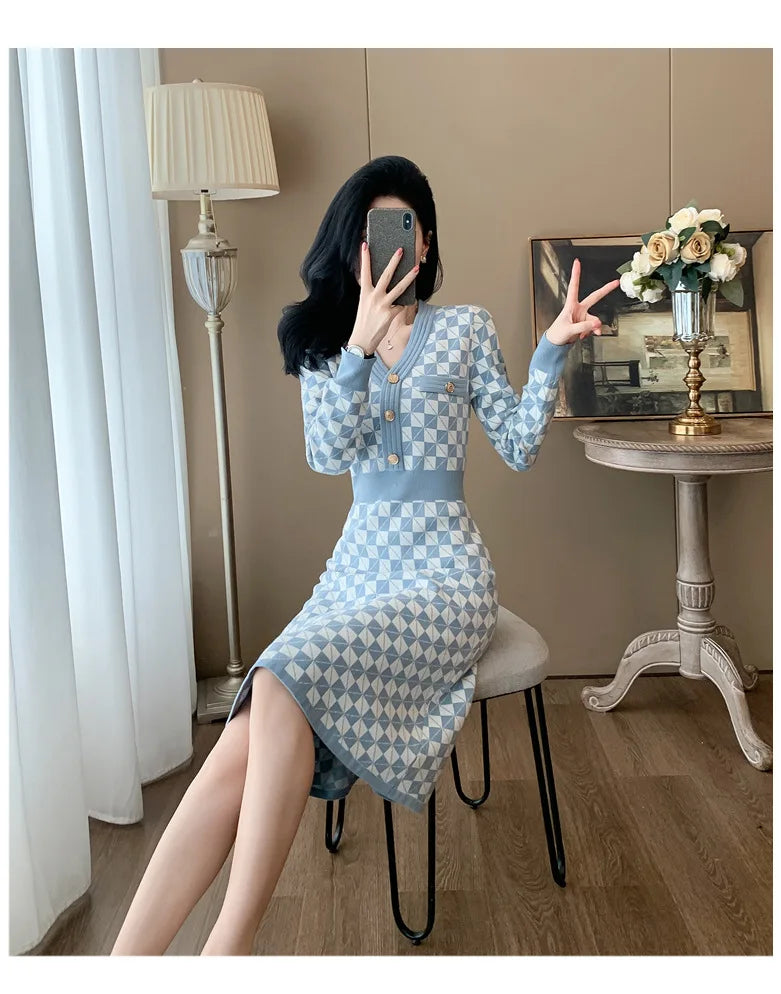 Elegant Blue Plaid Bodycon Dress with Metal Buttons - Image 18