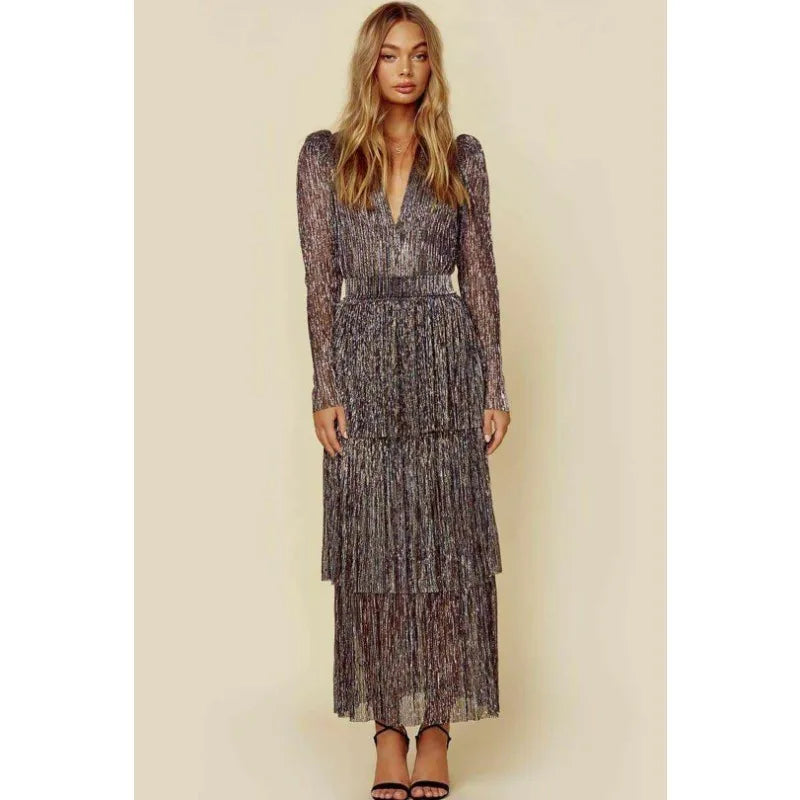 Elegant High Waist Pleated V-Neck Puff Sleeve Dress