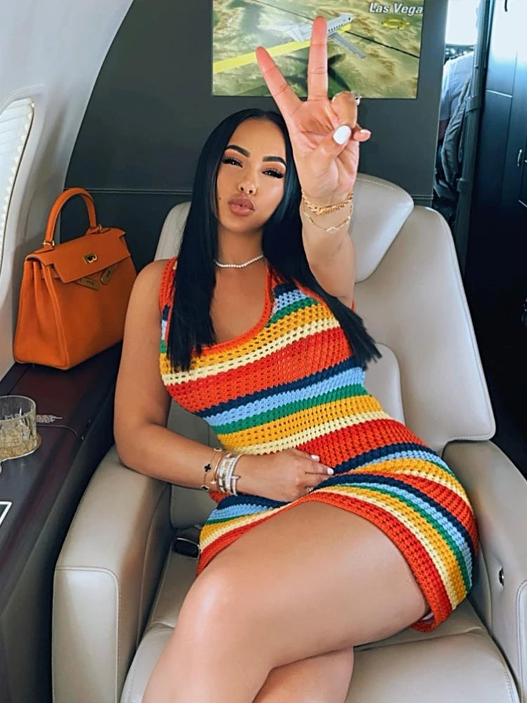 Multicolor Striped Sleeveless Mini Dress for Women - Image 19