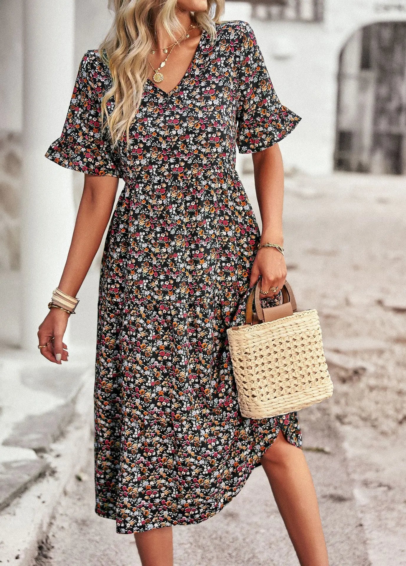 Chic V Neck Floral A-Line Dress for Summer - Image 30