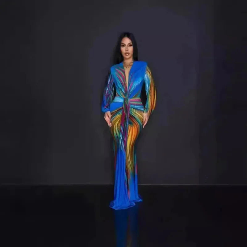 Chic V-Neck Long Sleeve Gradient Maxi Dress - Image 6