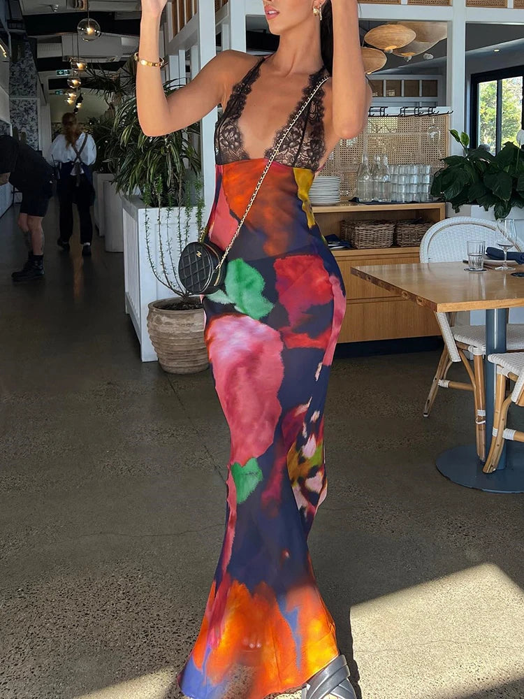 Elegant Tie Dye Floral Chiffon Backless Summer Dress - Image 4