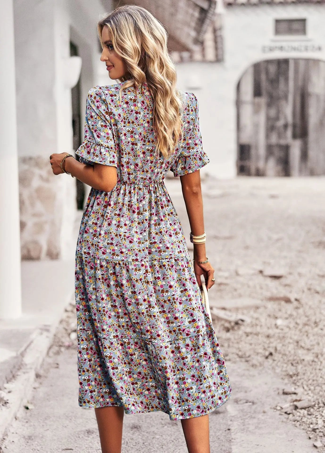 Chic V Neck Floral A-Line Dress for Summer - Image 22