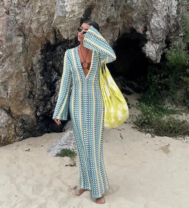 Elegant Deep V Neck Bohemian Maxi Dress for Women - Image 21