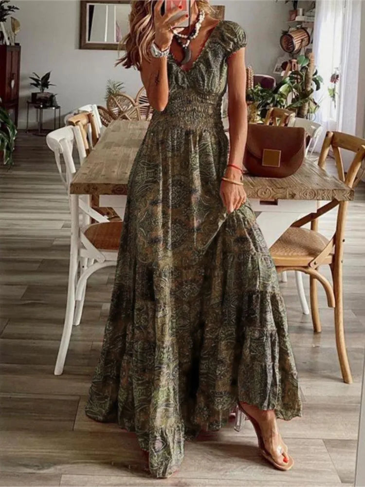 Floral Print A-line Bohemian Dress with Petal Sleeves