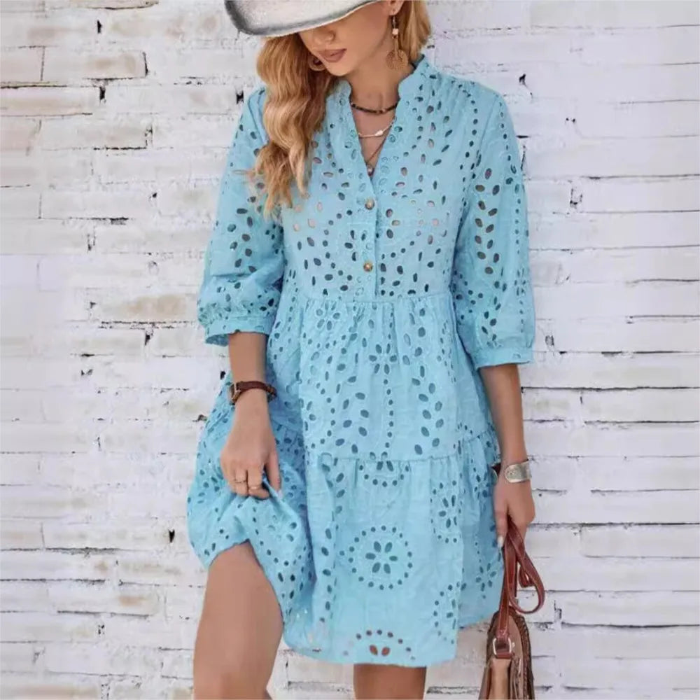 Elegant Hollow Out 7-Point Sleeve Casual Dress for Women