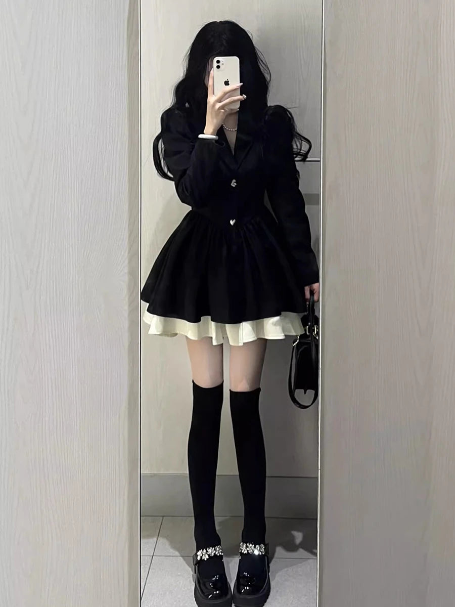 Korean Long Sleeve Black Suit Dress for Women - Image 11