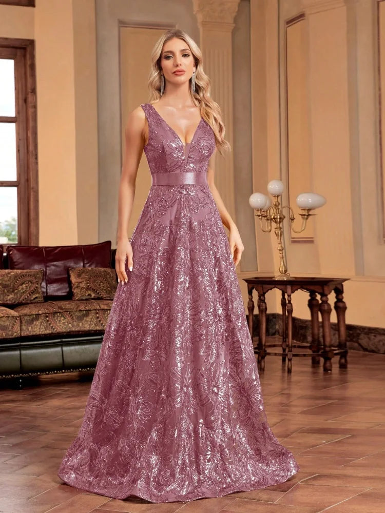 Elegant Deep V-Neck Sequined Blue Evening Dress for Events - Image 39