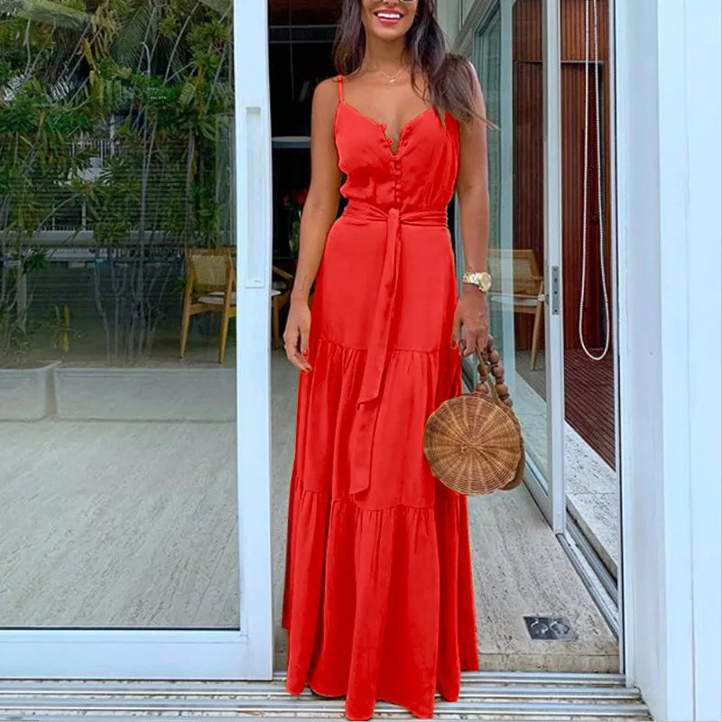 Women's Boho Spaghetti Strap Maxi Dress with Belt - Image 16