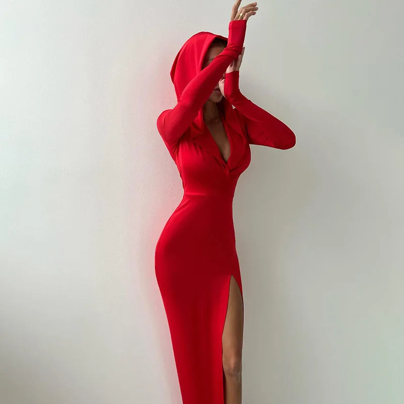 Women's Deep V Neck Hooded Long Sleeve Party Dress - Image 12