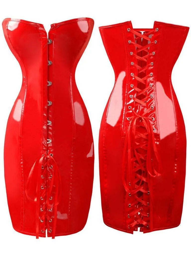 Hot Red Black PVC Slim Corset Dress for Parties - Image 10