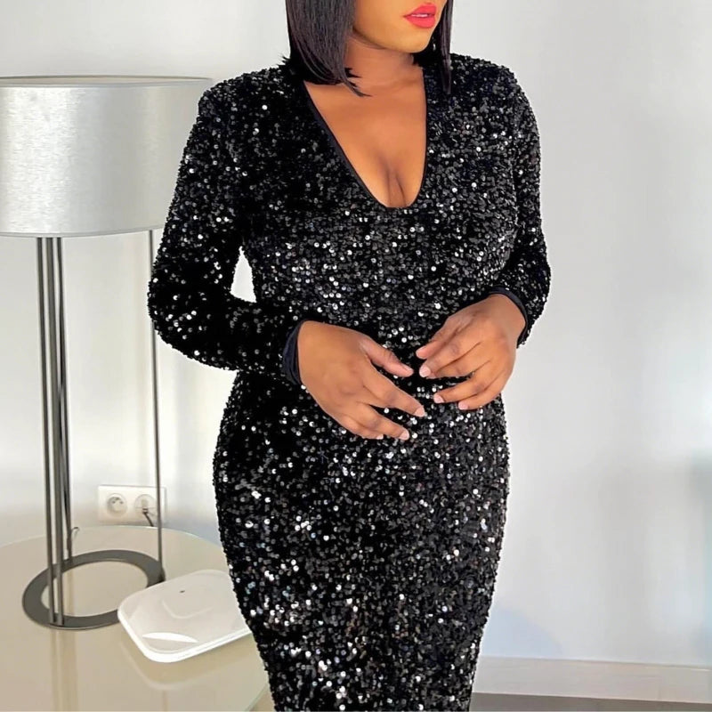 Elegant Velvet Sequins V-Neck Mermaid Evening Gown - Image 3