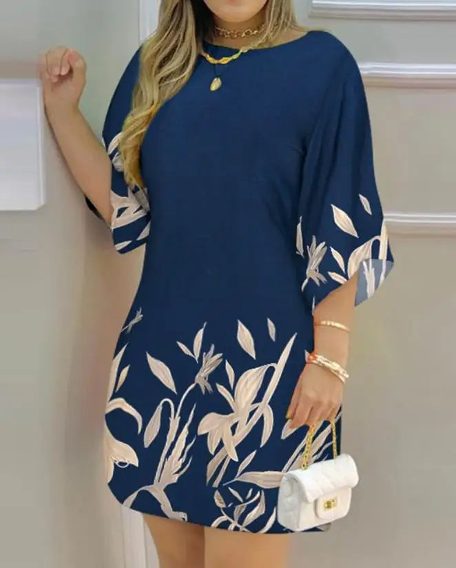Elegant Boat Neck Casual Dress with Floral Print
