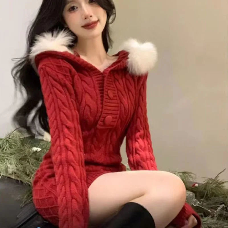 Elegant Red Hooded Knit Dress for Women - Image 28