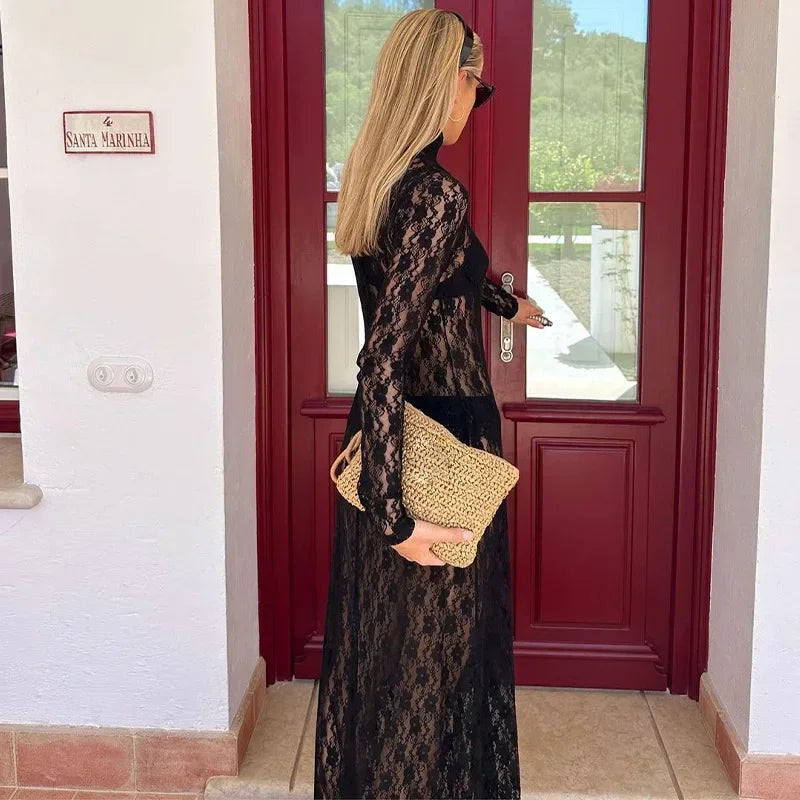 Elegant Turtleneck Lace Bodycon Maxi Dress for Parties - Image 10