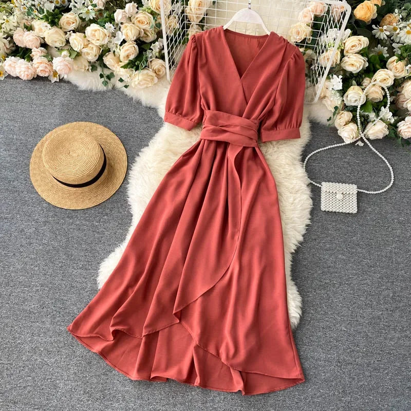 V-neck Solid Color Bubble Dress with Ruffle Edges - Image 19