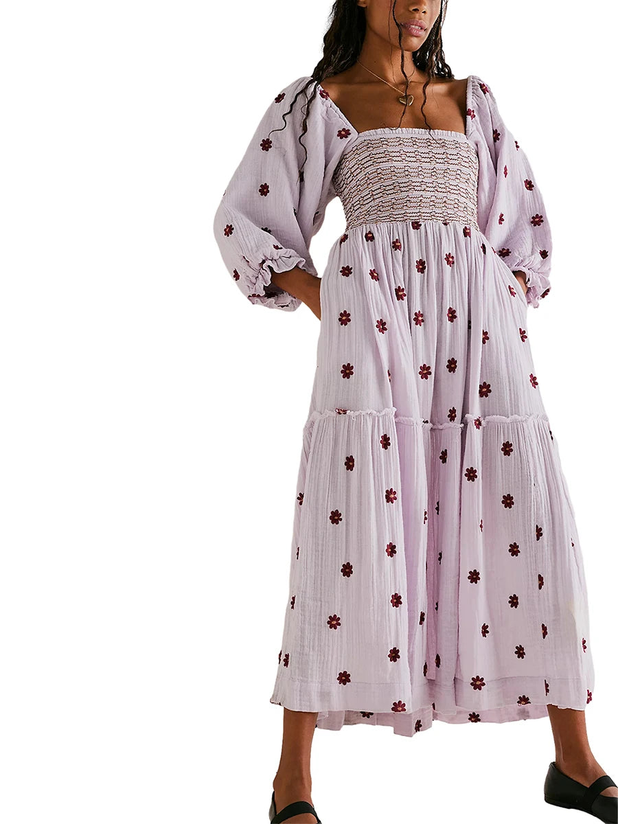 Bohemian Flower Embroidered Tiered Long Dress for Summer - Image 14