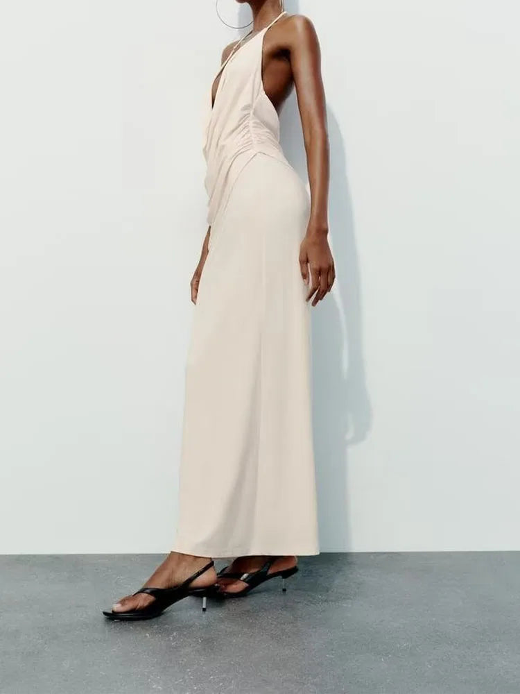 Elegant Backless Draped Halter Neck Long Dress - Image 4