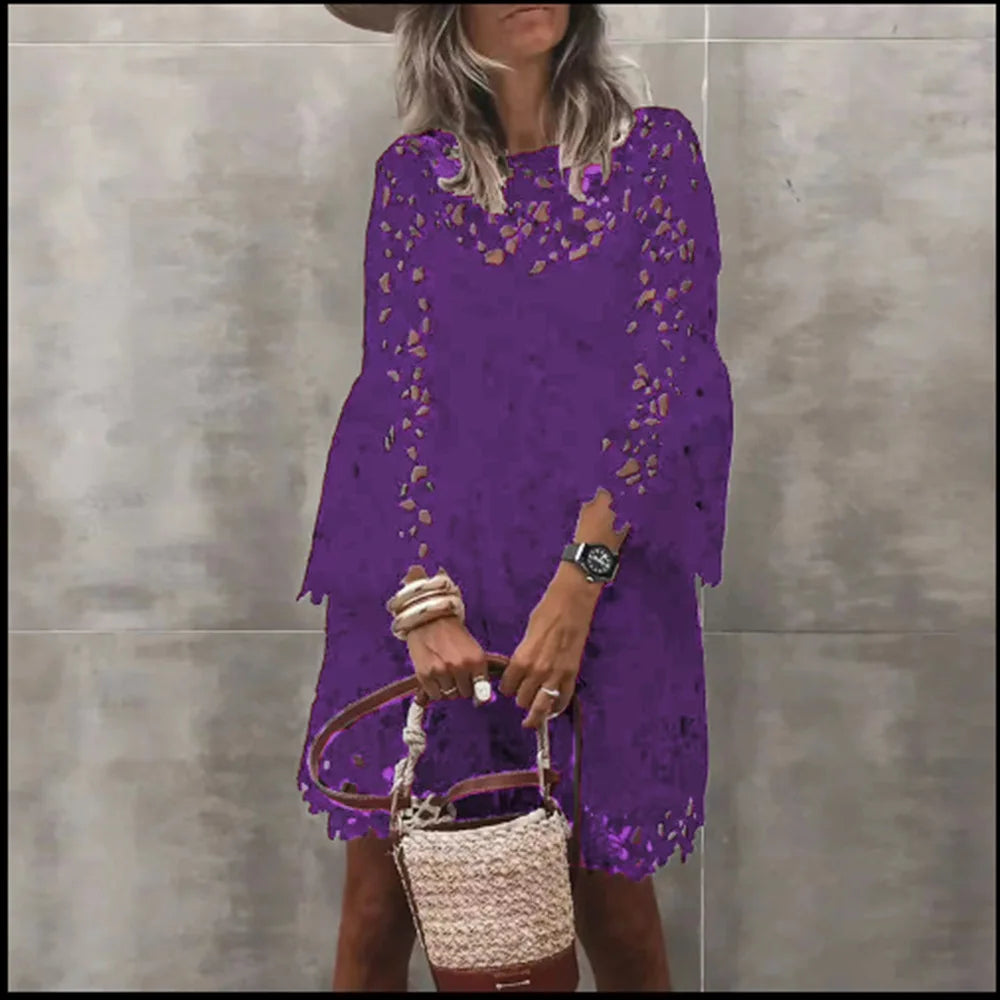 Elegant Long Sleeve Lace Dress with Floral Hollow Details - Image 15