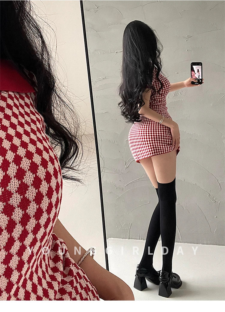 Elegant Slim Fit Checkered Short Sleeve Mini Dress - Image 12
