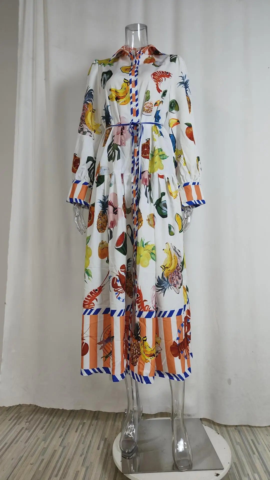 Elegant Women's V-Neck Lantern Sleeve Printed Dress - Image 44