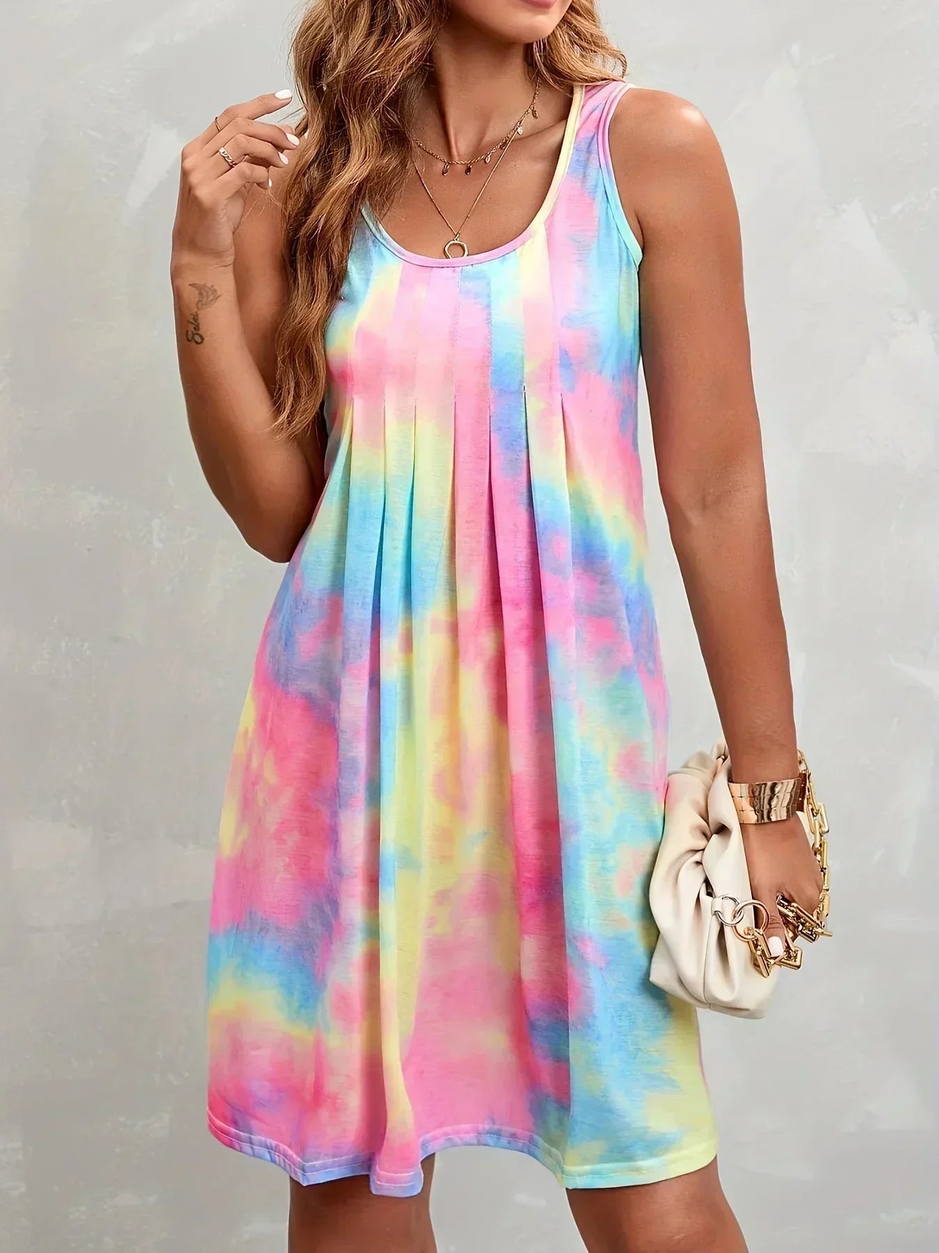 Plus Size Tie Dye Pleated Sleeveless Mini Dress - Image 6