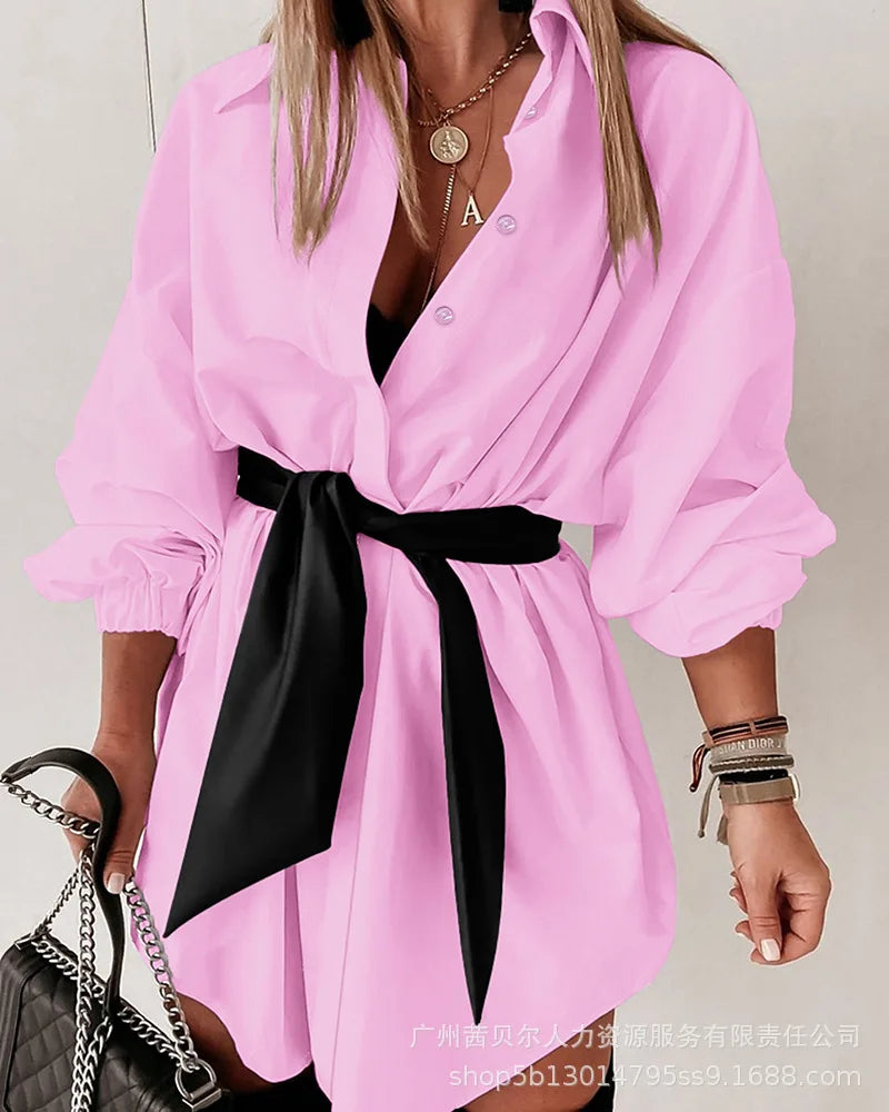 Women's Printed Long-Sleeved Mini Shirt Dress with Belt - Image 4