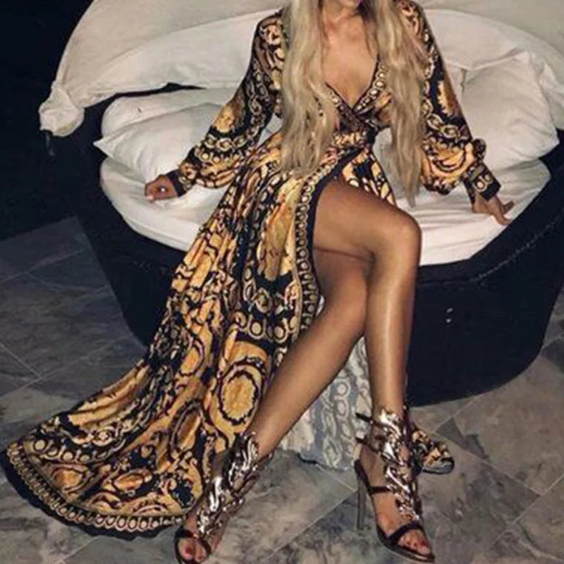 Boho V-Neck Printed Maxi Dress for Summer Events