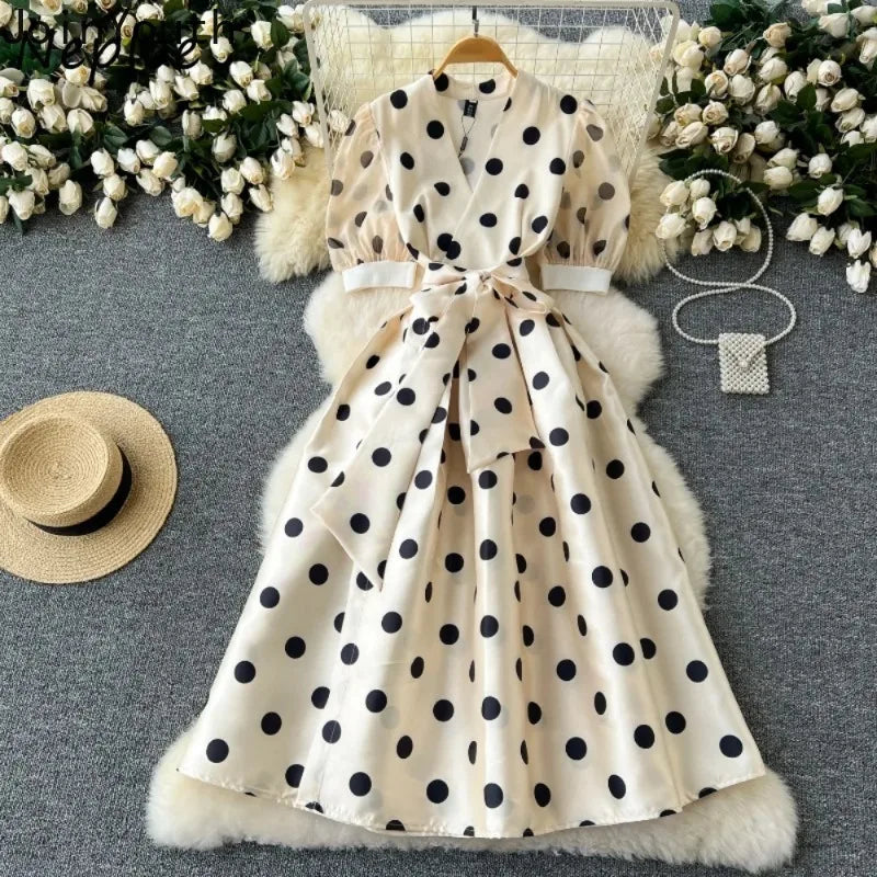 Vintage Polka Dot Maxi Dress with V Neck & Puff Sleeves