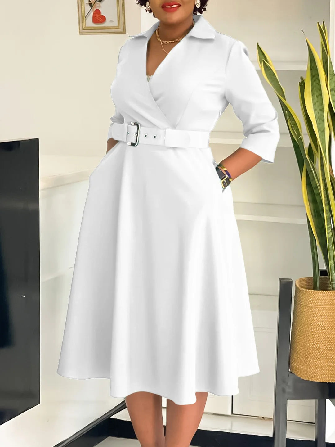 Chic Women's Autumn Lapel Solid Color Swing Dress - Image 7