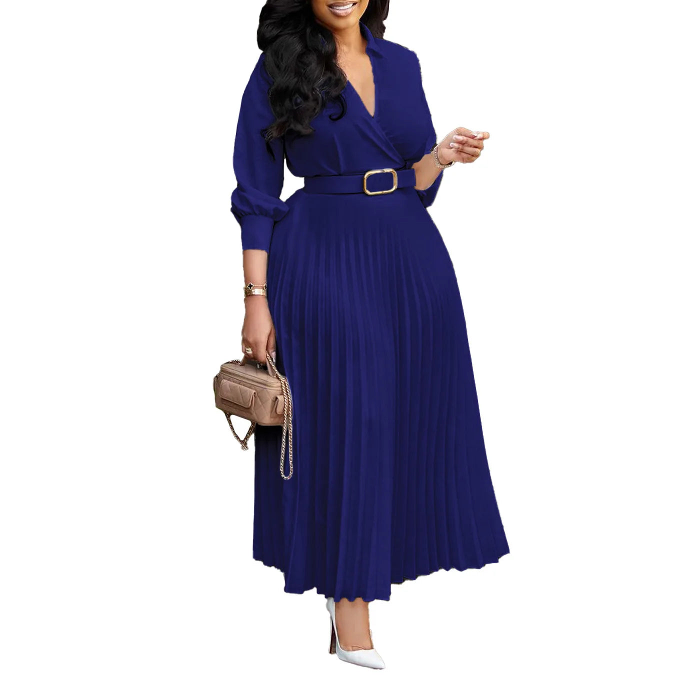 Elegant Pleated V-Neck Midi Dress for Autumn Events - Image 19