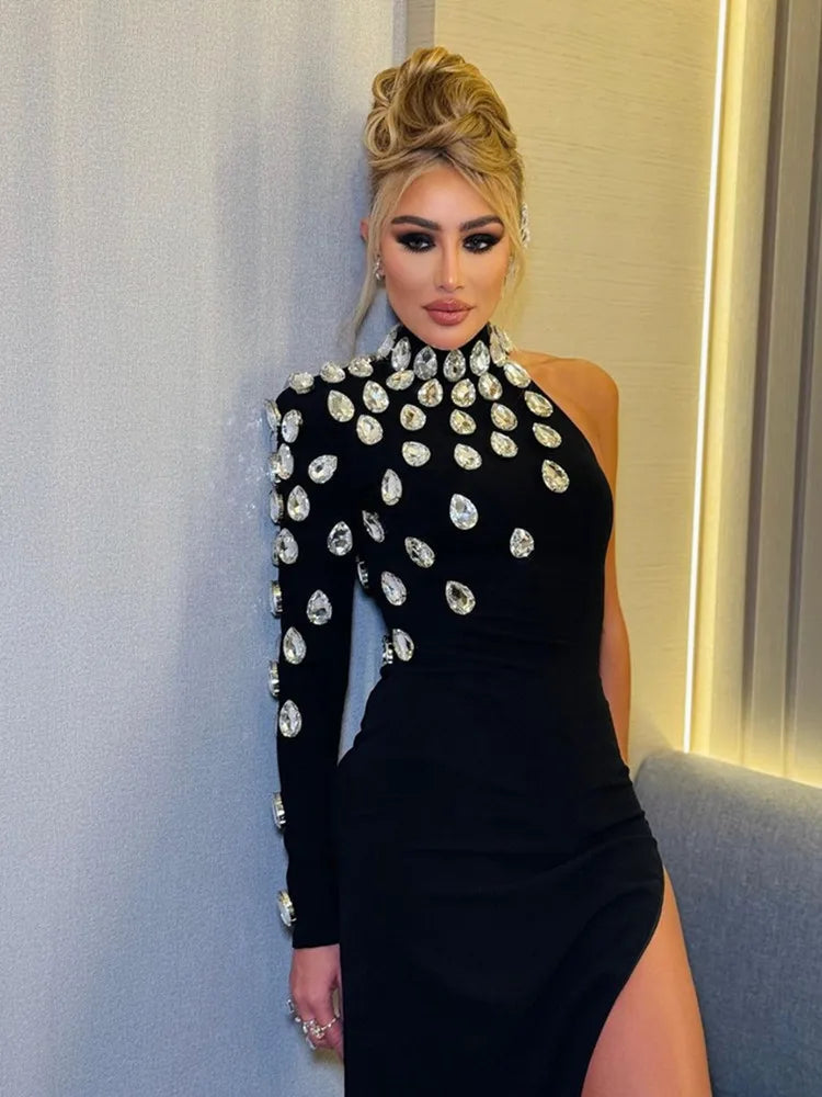 Elegant Rhinestone Black Maxi Bodycon Dress for Women - Image 4