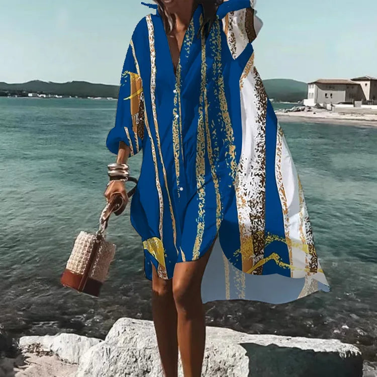 Chic Autumn Printed Lapel Long Sleeve Dress for Women - Image 7
