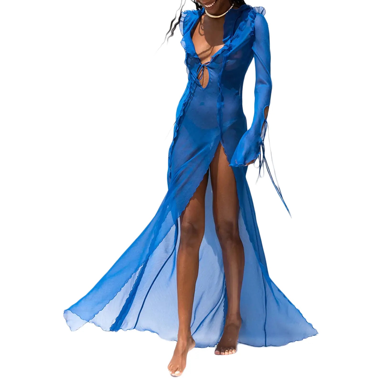 Elegant Sheer Ruffle Bodycon Long Dress for Summer Parties - Image 7