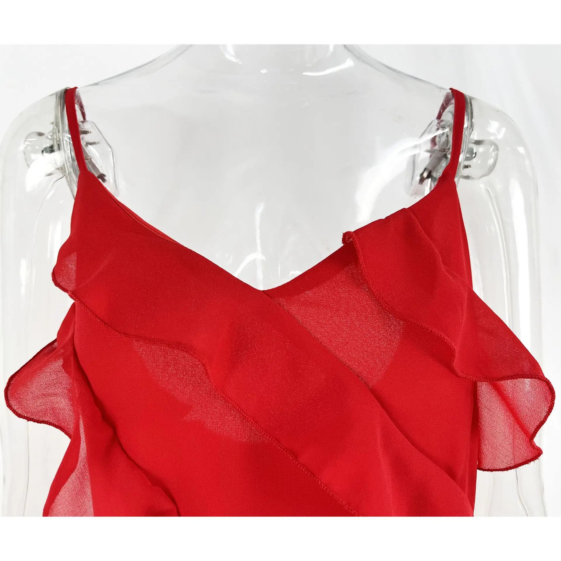 Elegant Red Chiffon Maxi Dress with Spaghetti Straps and Ruffles - Image 16