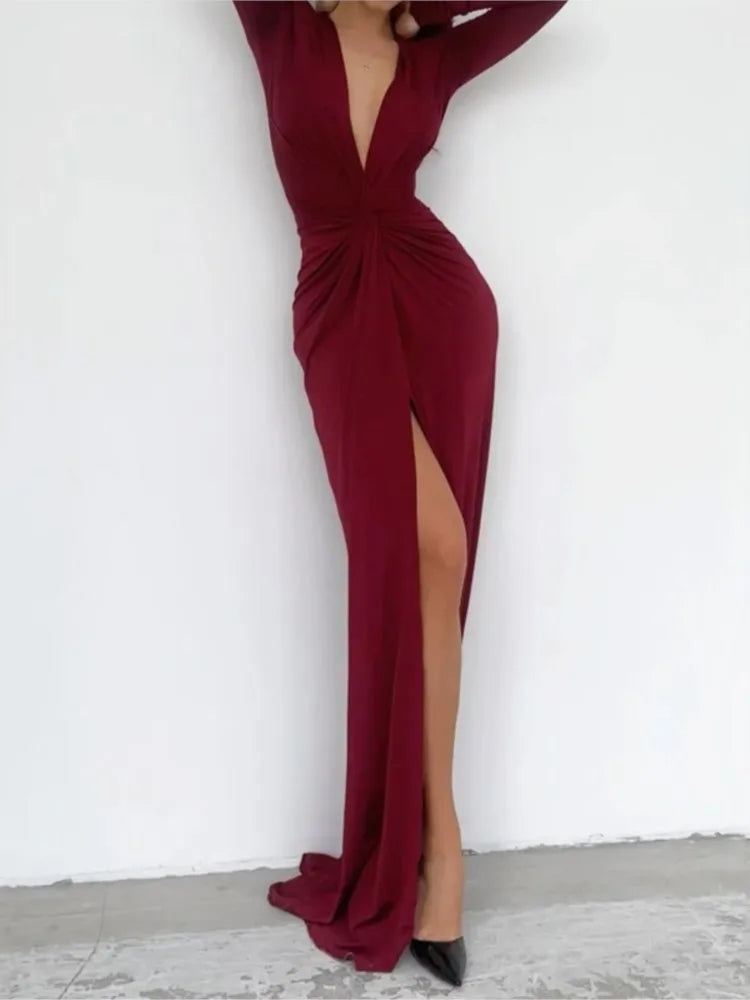 Elegant Women's Maxi Dress with Slit and V-Neck - Image 4